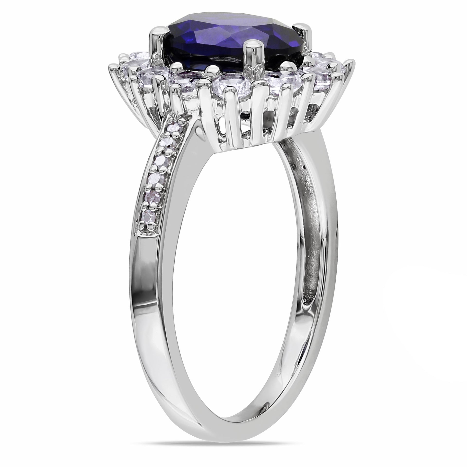 4 CT TGW Created Blue and White Sapphire and 0.05 CT TW Diamond Halo Ring in Sterling Silver