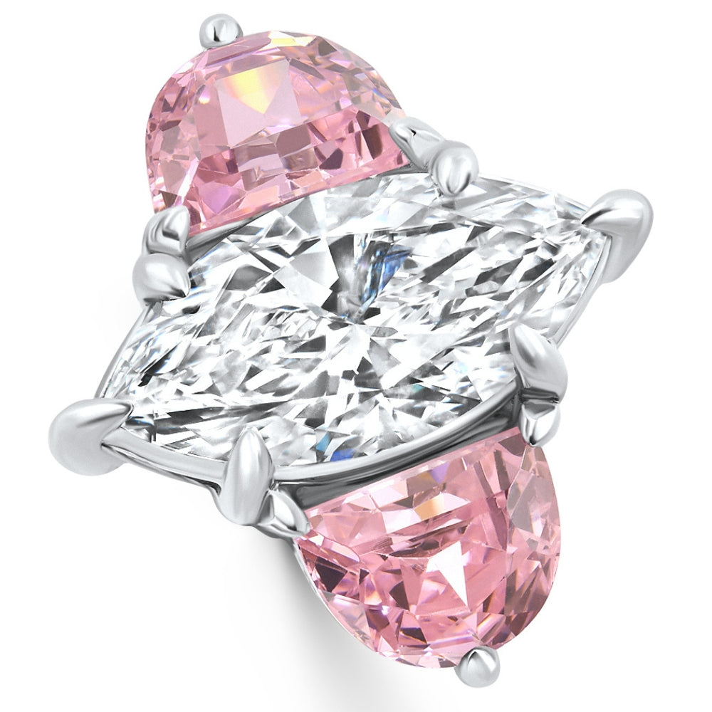Certified 15.05ct Marquise Diamond & Pink Topaz 3 Stone Ring 14k Gold Lab Grown
