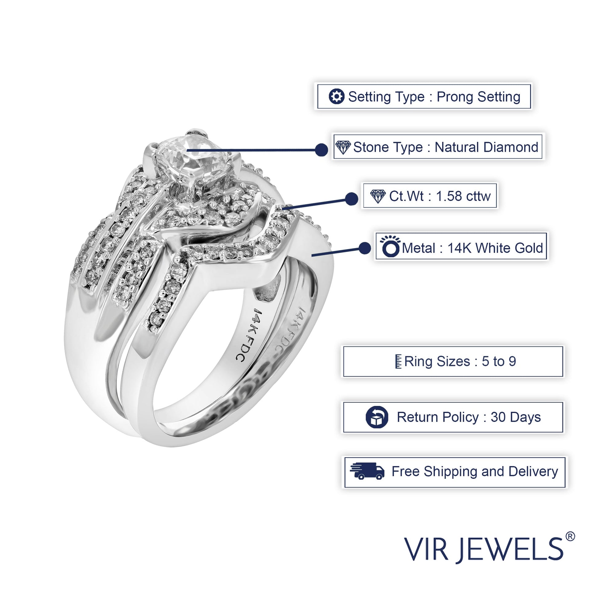 1.58 cttw VS2 Diamond Wedding Engagement Ring Bridal Set 14K White Gold