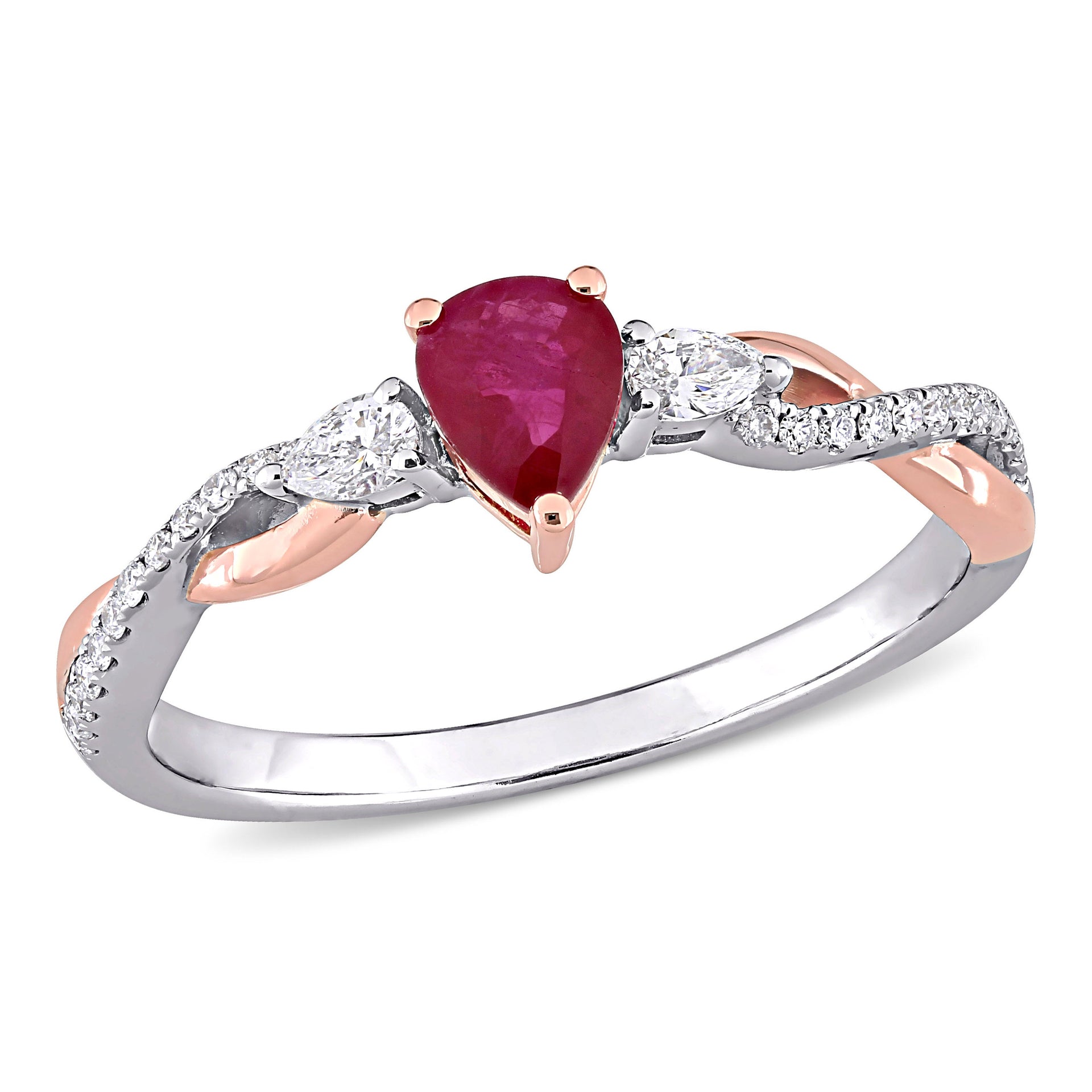Mimi & Max 2/5ct TGW Ruby 1/5ct TDW Diamond 3-stone Promise Ring Two-tone 14k White Rose Gold