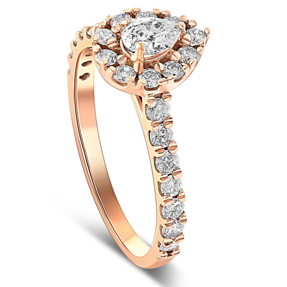 1Ct Pear Shape Diamond Halo Engagement Ring in White, Yellow, or Rose Gold