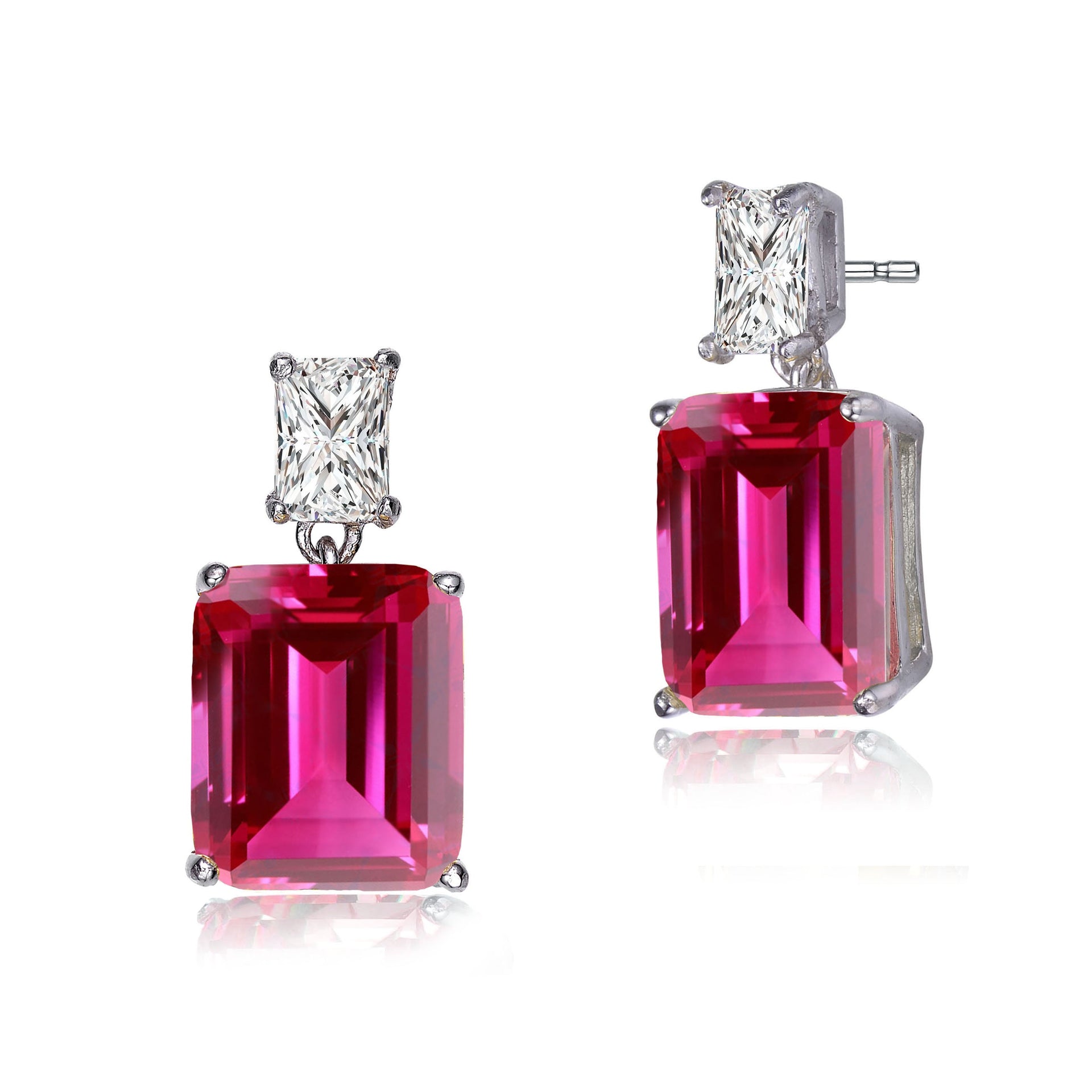 Sterling Silver Ruby Cubic Zirconia Rectangle Stud Earrings