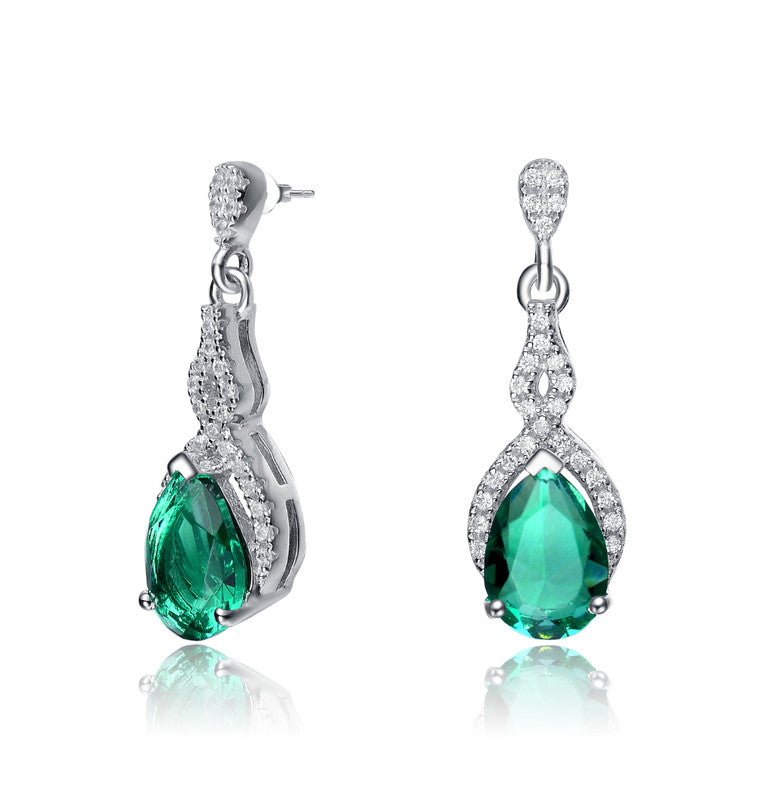 C.z. Sterling Silver Rhodium Plated Emerald Teardrop Earrings