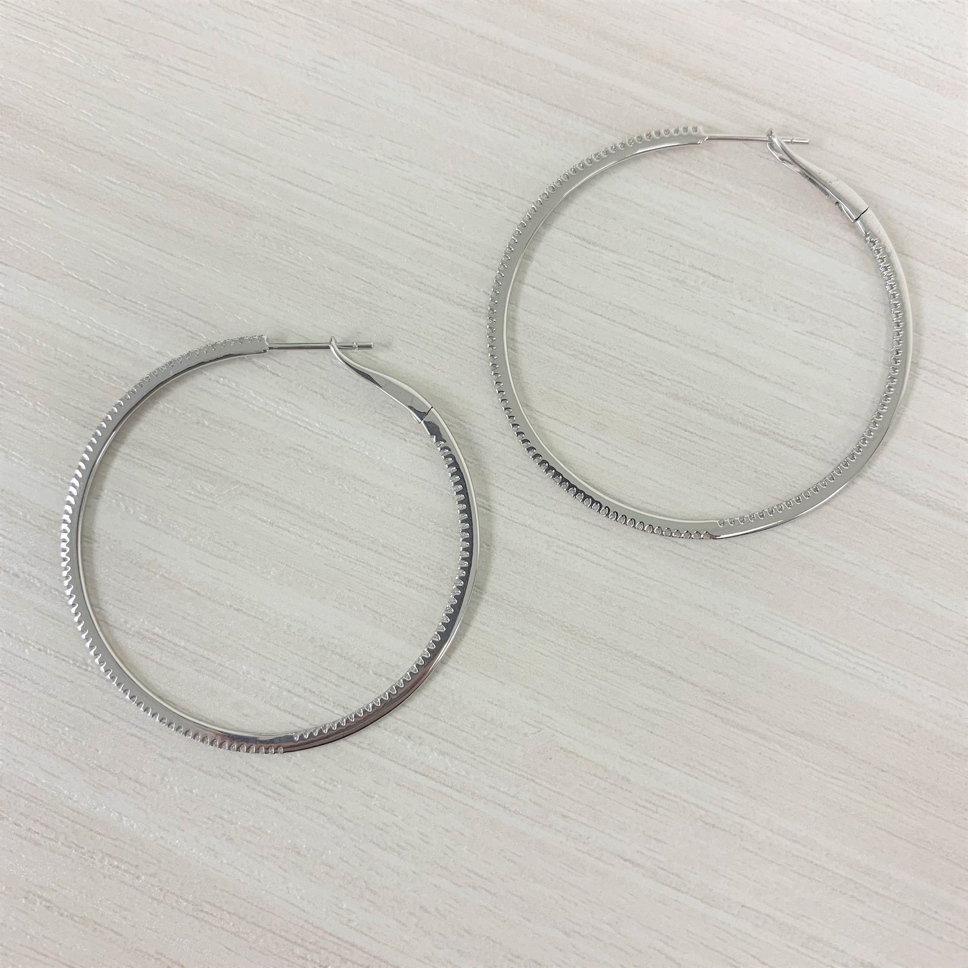 14k Gold & Diamond Skinny Hoop Earrings 1-3/4'