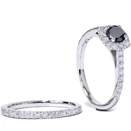 7/8ct Cushion Halo Black Diamond Engagement Ring Set 14K White Gold