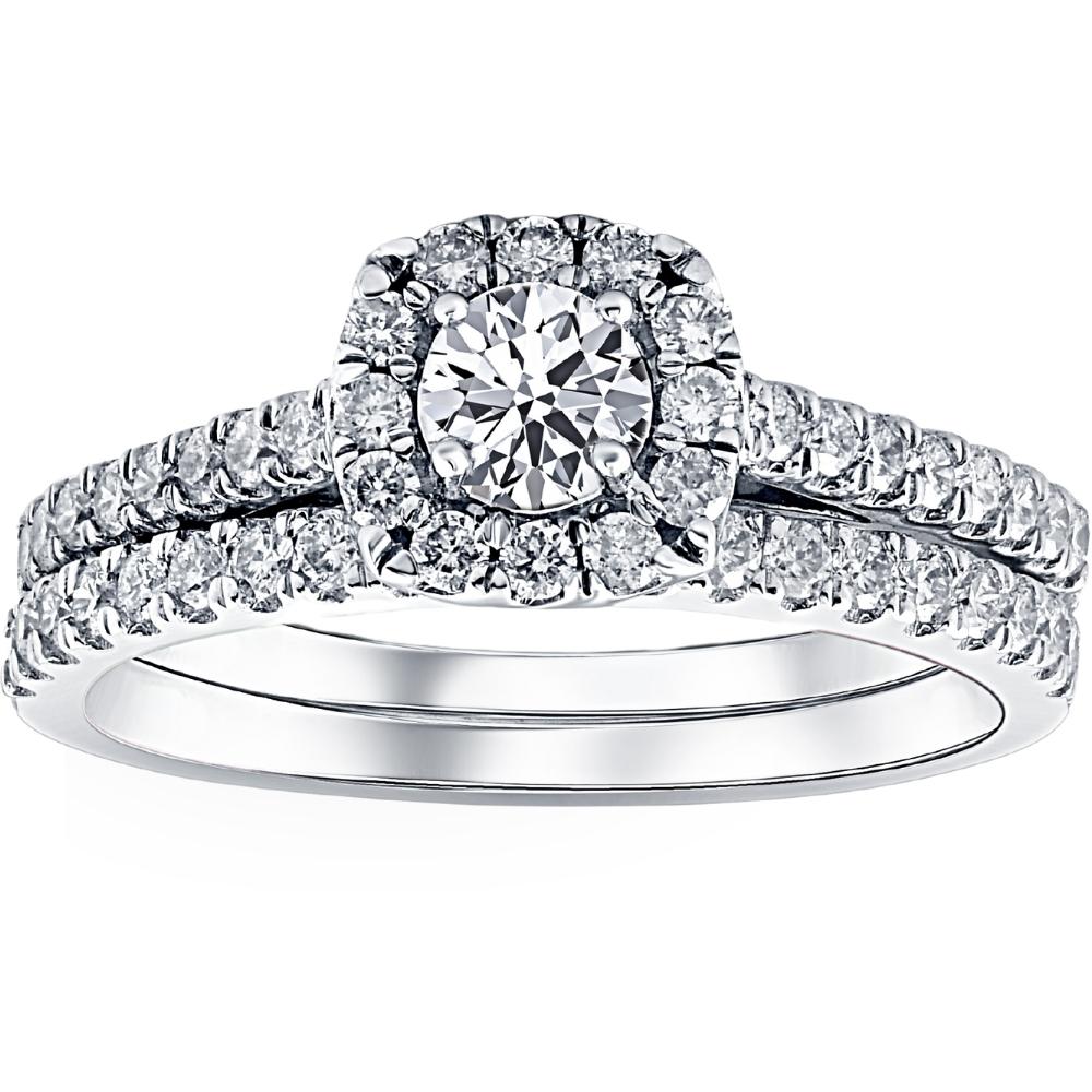 1ct Cushion Halo Diamond Engagement Wedding Ring Set 14K White Gold