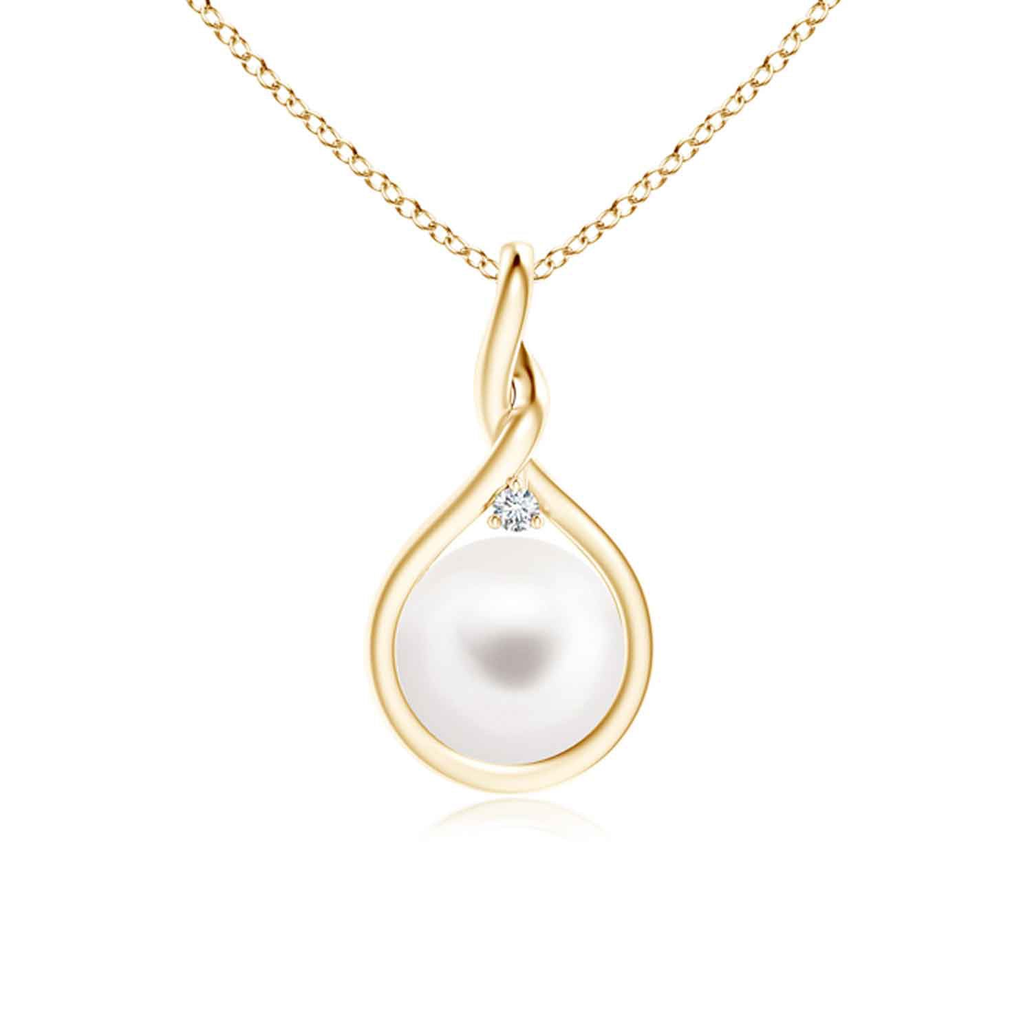 Sterling Silver With Gold Plated White Round Shell Pearl With Clear Cubic Zirconia Pendant Necklace