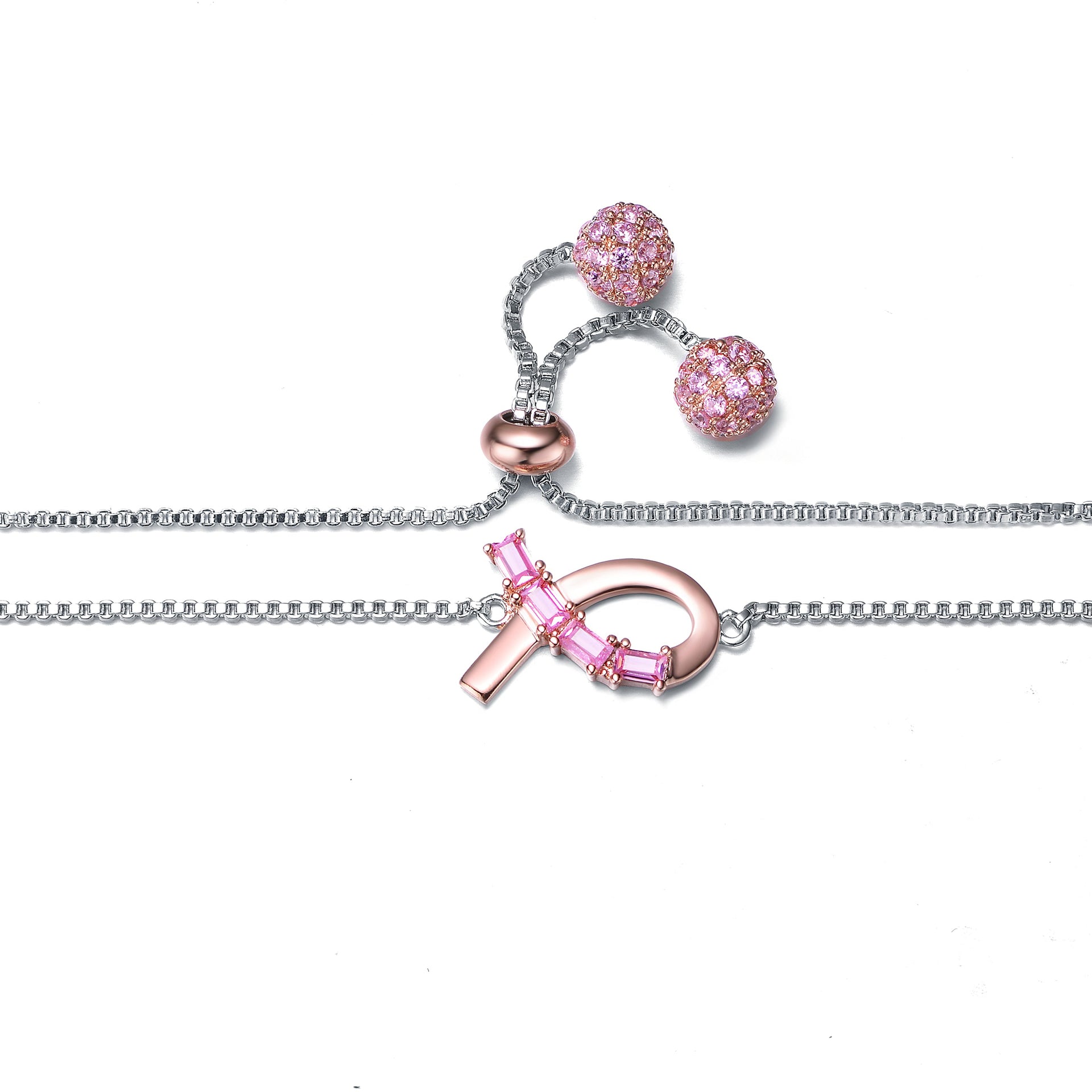 Sterling Silver Two Tone with Pink Cubic Zirconia Loop Bracelet