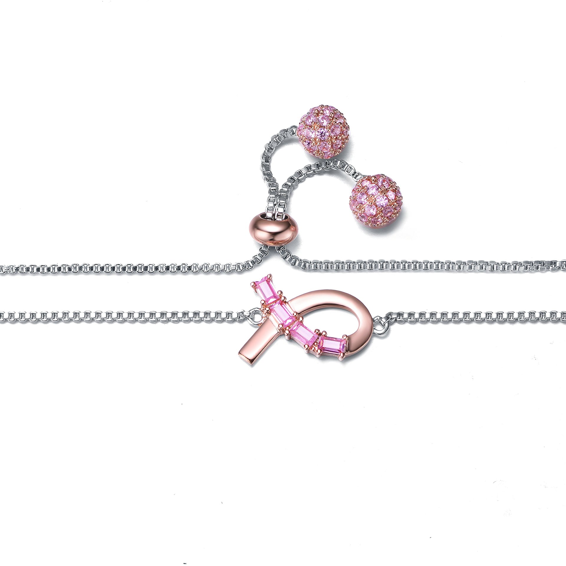 Sterling Silver Two Tone with Pink Cubic Zirconia Loop Bracelet