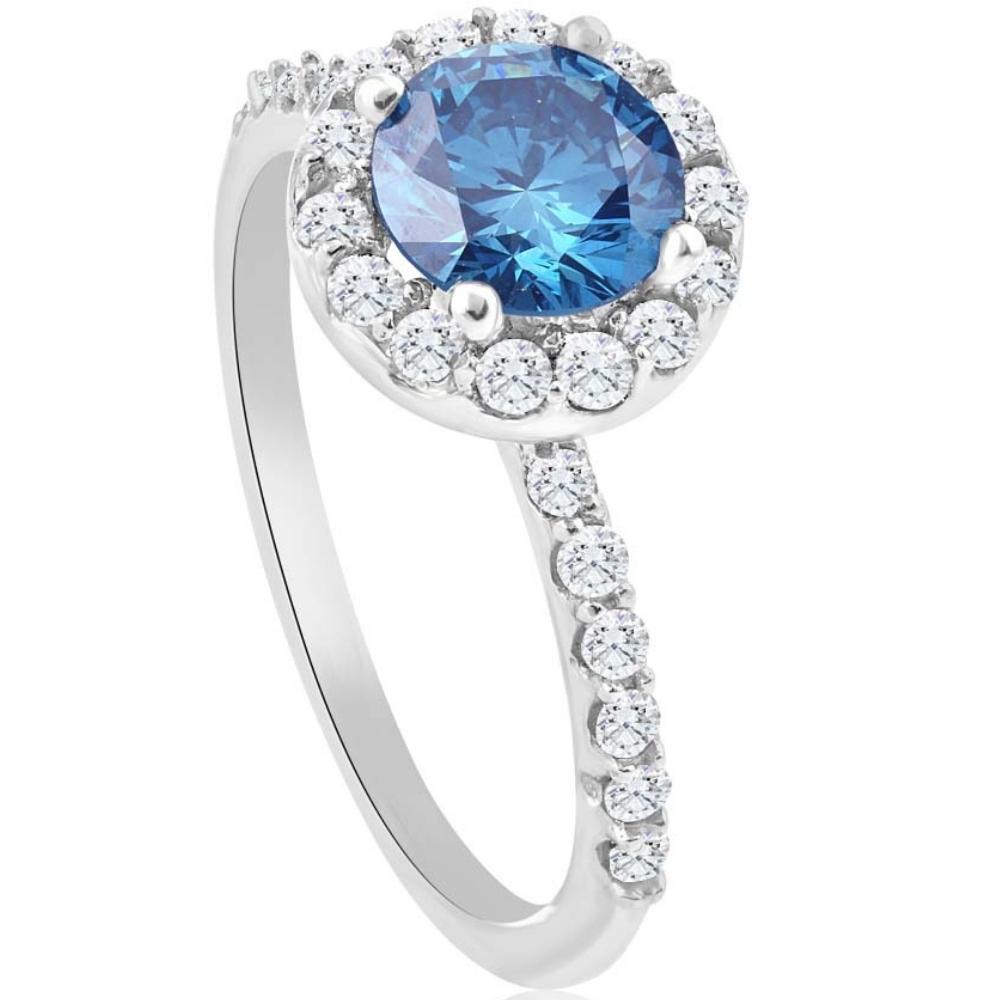 2 ct TW Blue & White Diamond Halo Engagement Ring in 14k White Gold