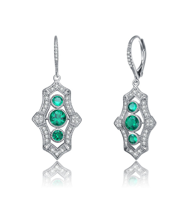 GENEVIVE Sterling Silver Emerald Cubic Zirconia Leverback Drop Earrings