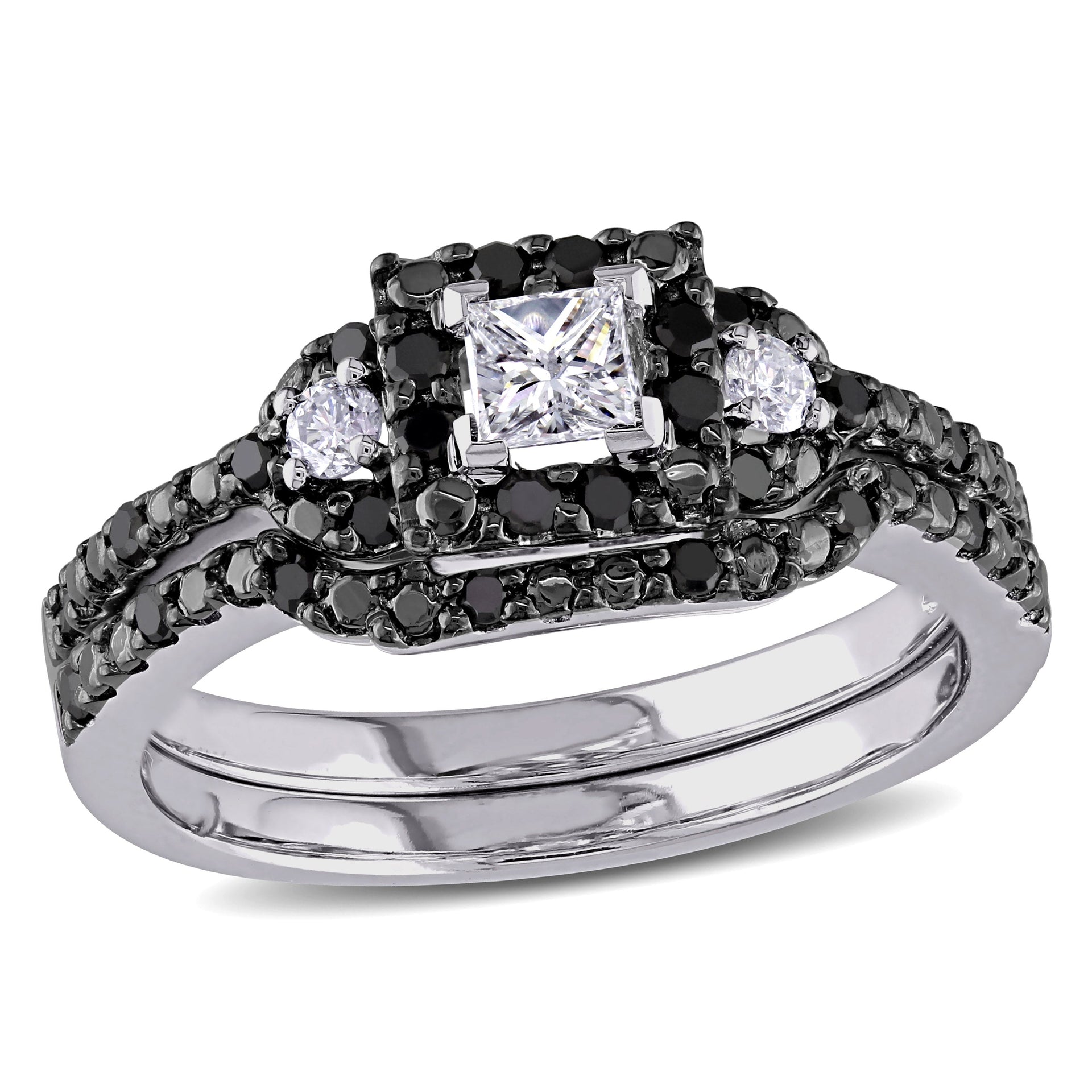 Mimi & Max 1/2ct TW Black White Halo Princess Cut Diamond Bridal Ring Set 10k White Gold