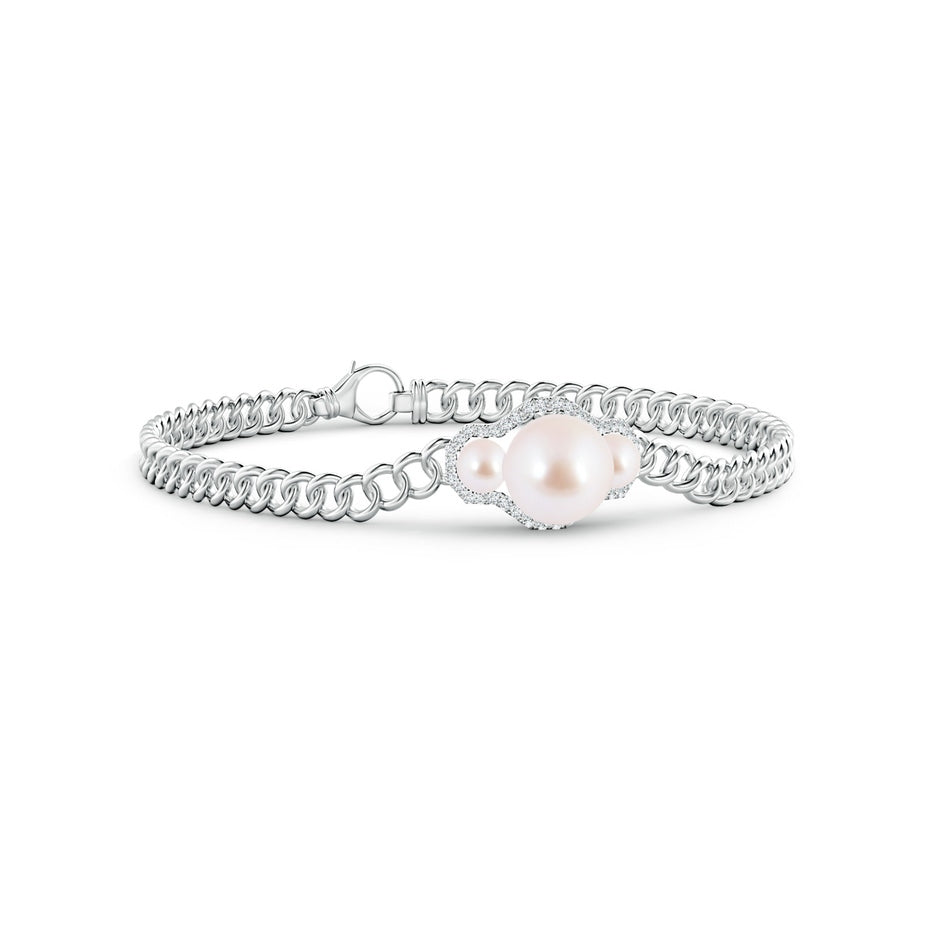Three Stone Japanese Akoya Pearl Bracelet with Diamond Halo