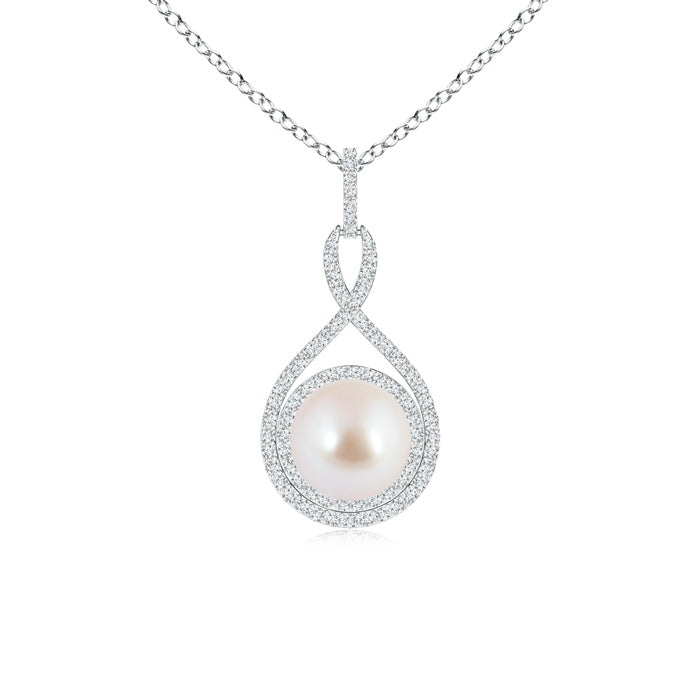 Japanese Akoya Pearl Infinity Pendant with Diamond Halo