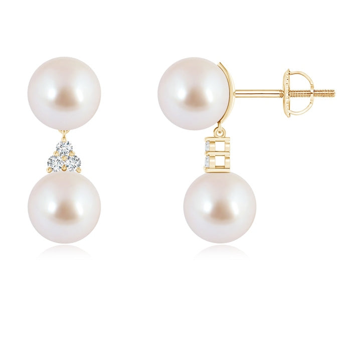 Japanese Akoya Pearl Drop Earrings with Trio Diamonds