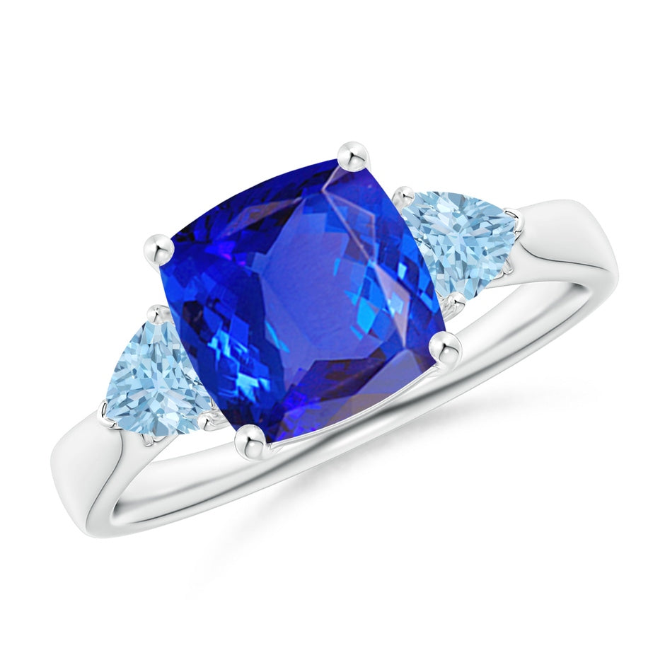 Cushion Tanzanite and Trillion Aquamarine Three Stone Ring