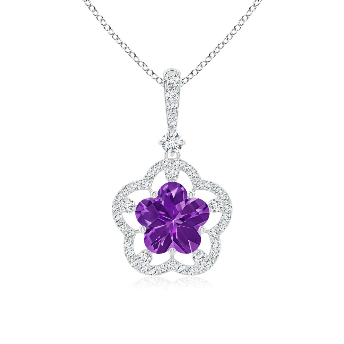 2.13 CTW Five-Petal Flower Amethyst and Diamond Halo Pendant in Platinum