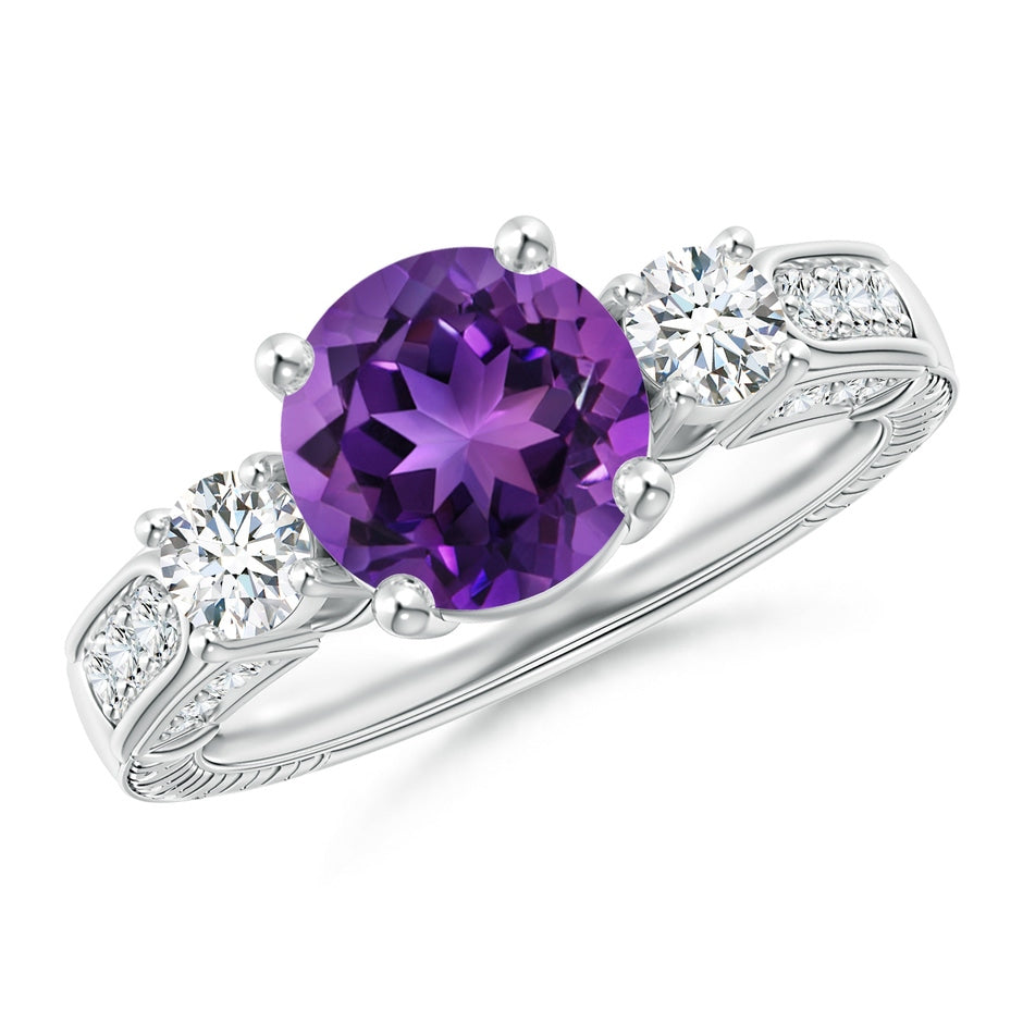 Three Stone Round Amethyst and Diamond Ring