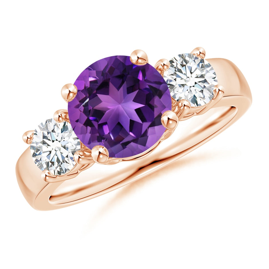 Classic Round Amethyst and Diamond Three Stone Engagement Ring
