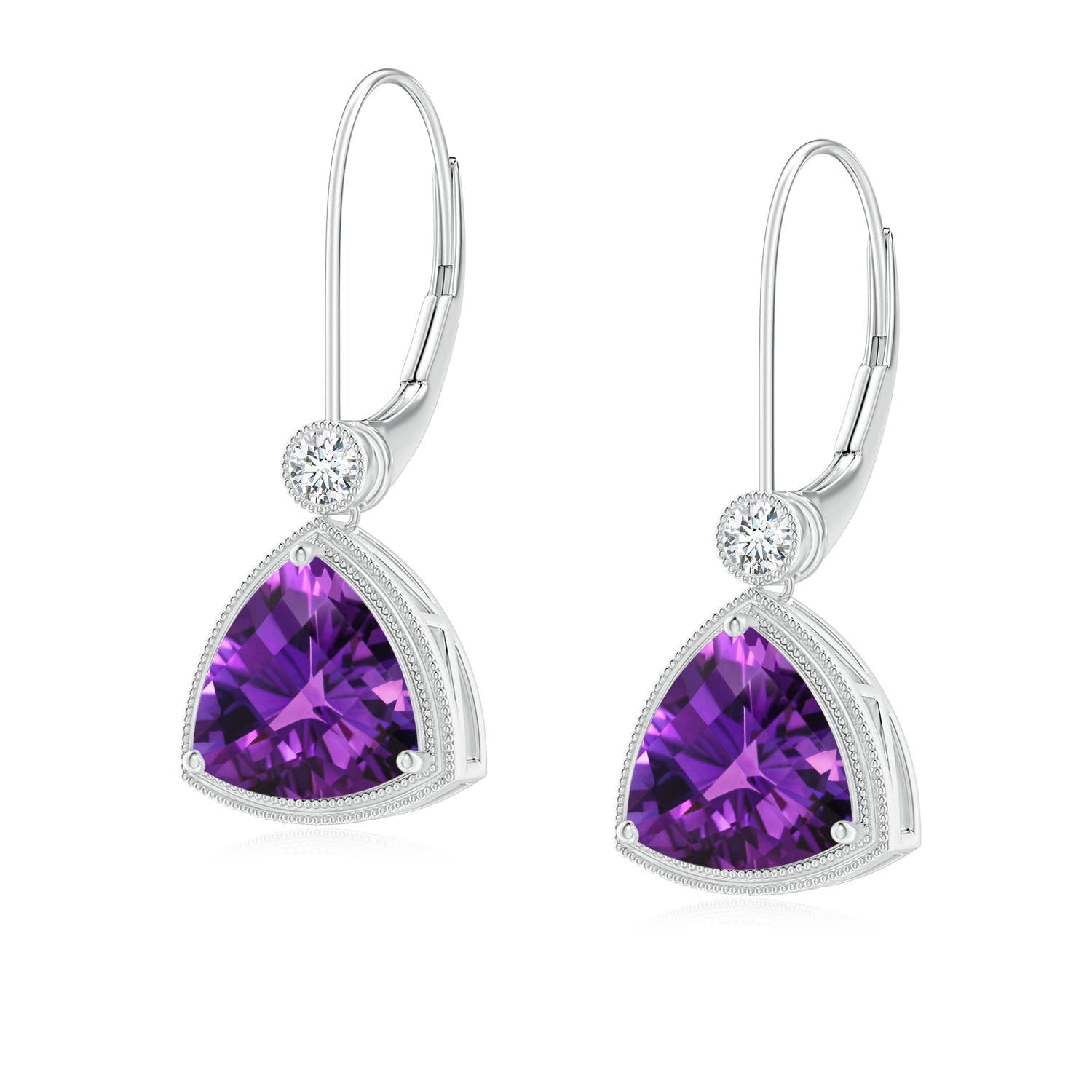 2.56 CTW Trillion Checker-Cut Amethyst Milgrain Drop Earrings in 18K Yellow Gold