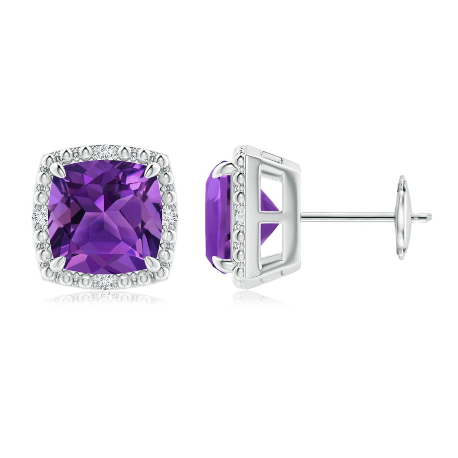 Claw-Set Cushion Amethyst Beaded Halo Stud Earrings