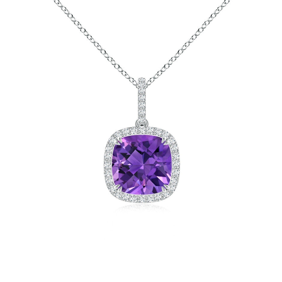 Cushion Amethyst Pendant with Diamond Halo