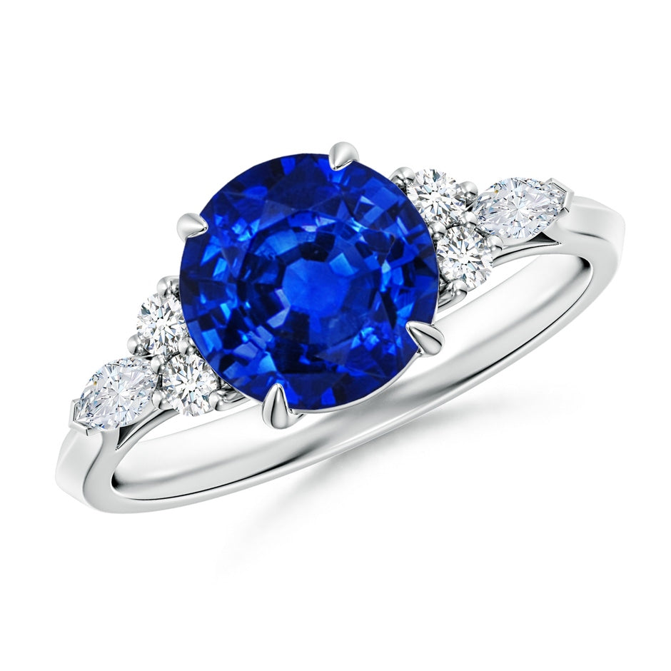 Lab-Grown Round Blue Sapphire Side Stone Engagement Ring with Diamonds