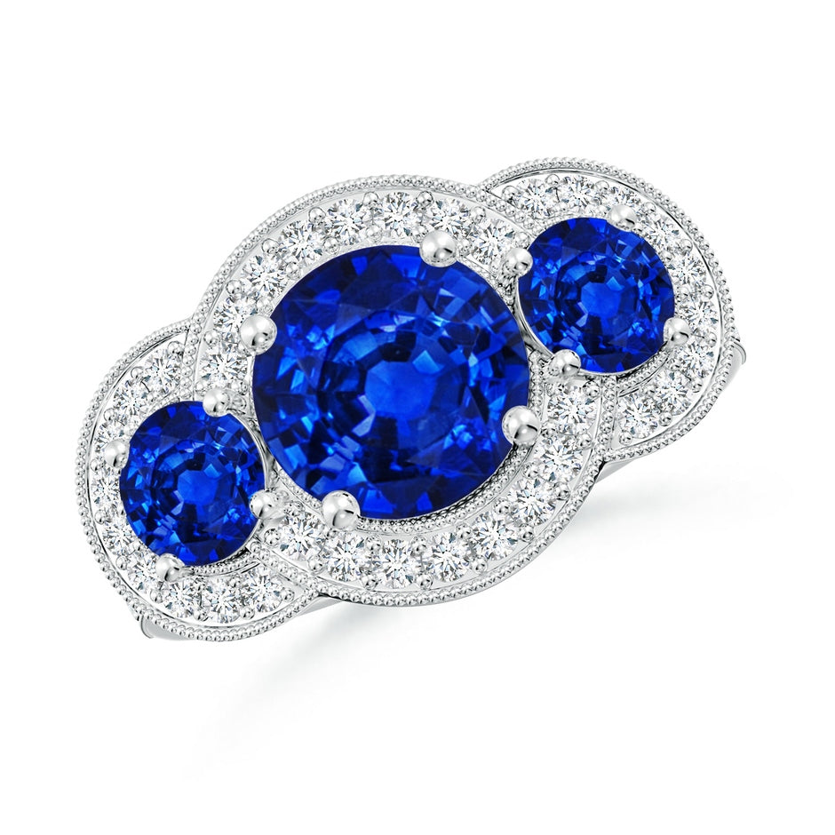 Lab-Grown Aeon Vintage Inspired Blue Sapphire Halo Three Stone Engagement Ring with Milgrain
