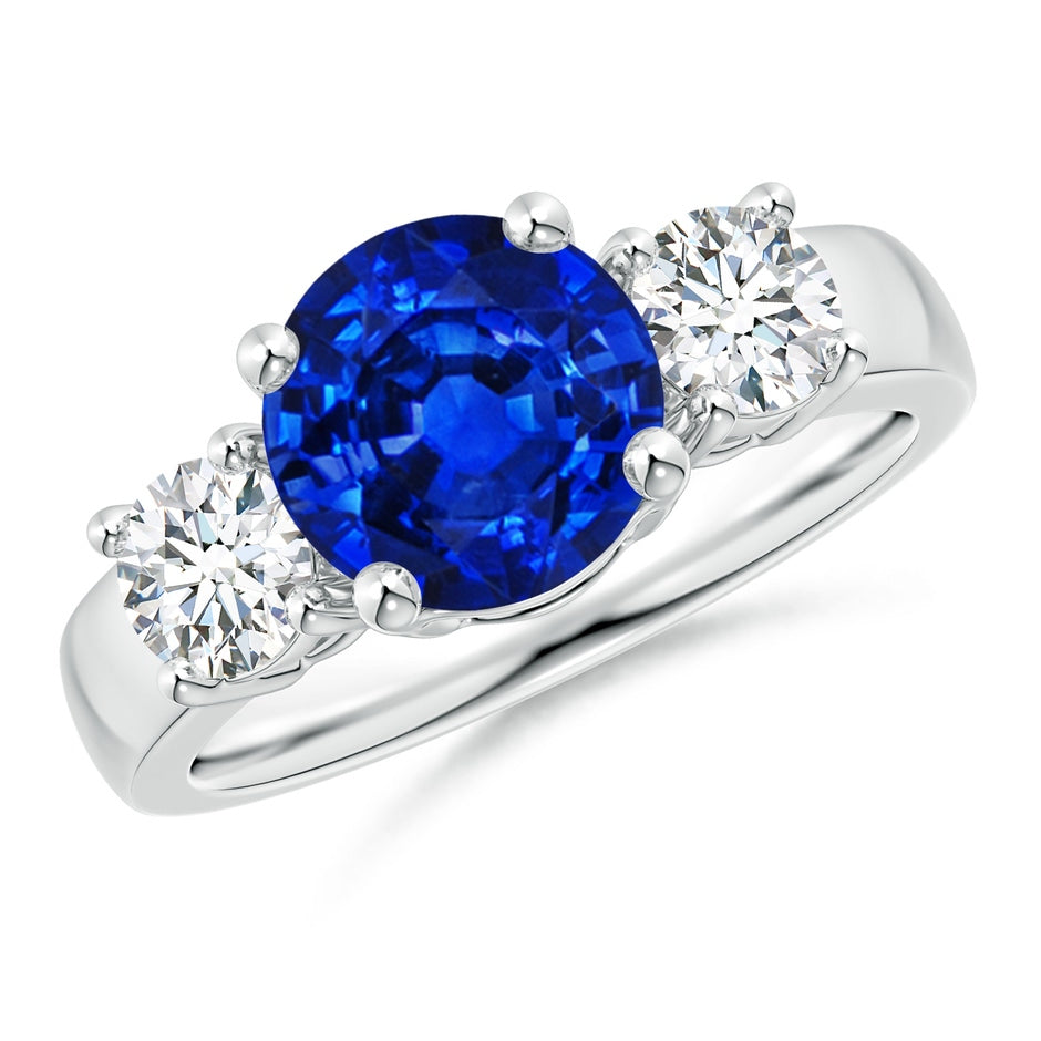 Classic Round Lab-Grown Blue Sapphire and Diamond Three Stone Engagement Ring