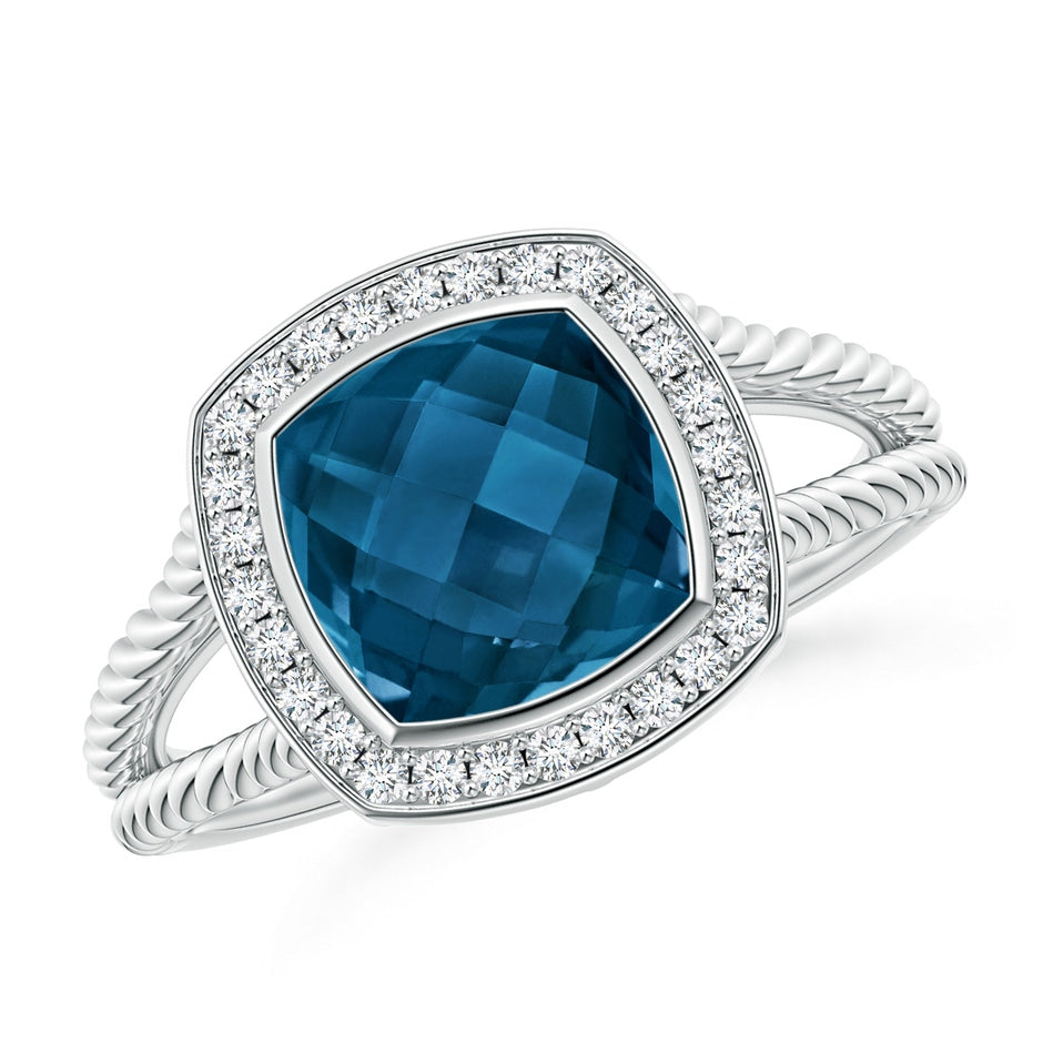 Cushion London Blue Topaz Twisted Rope Ring with Diamond Halo