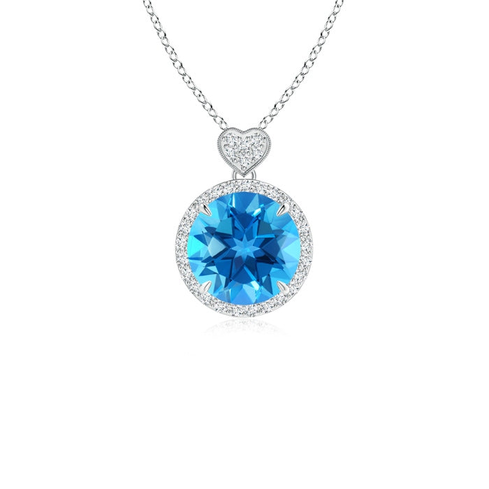 Swiss Blue Topaz Halo Pendant with Diamond Heart Motif