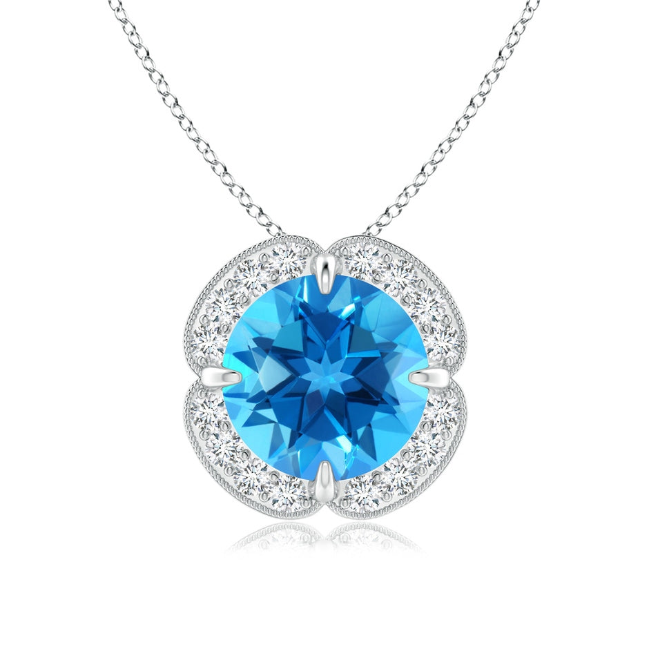 Claw-Set Swiss Blue Topaz Clover Pendant with Diamond Halo