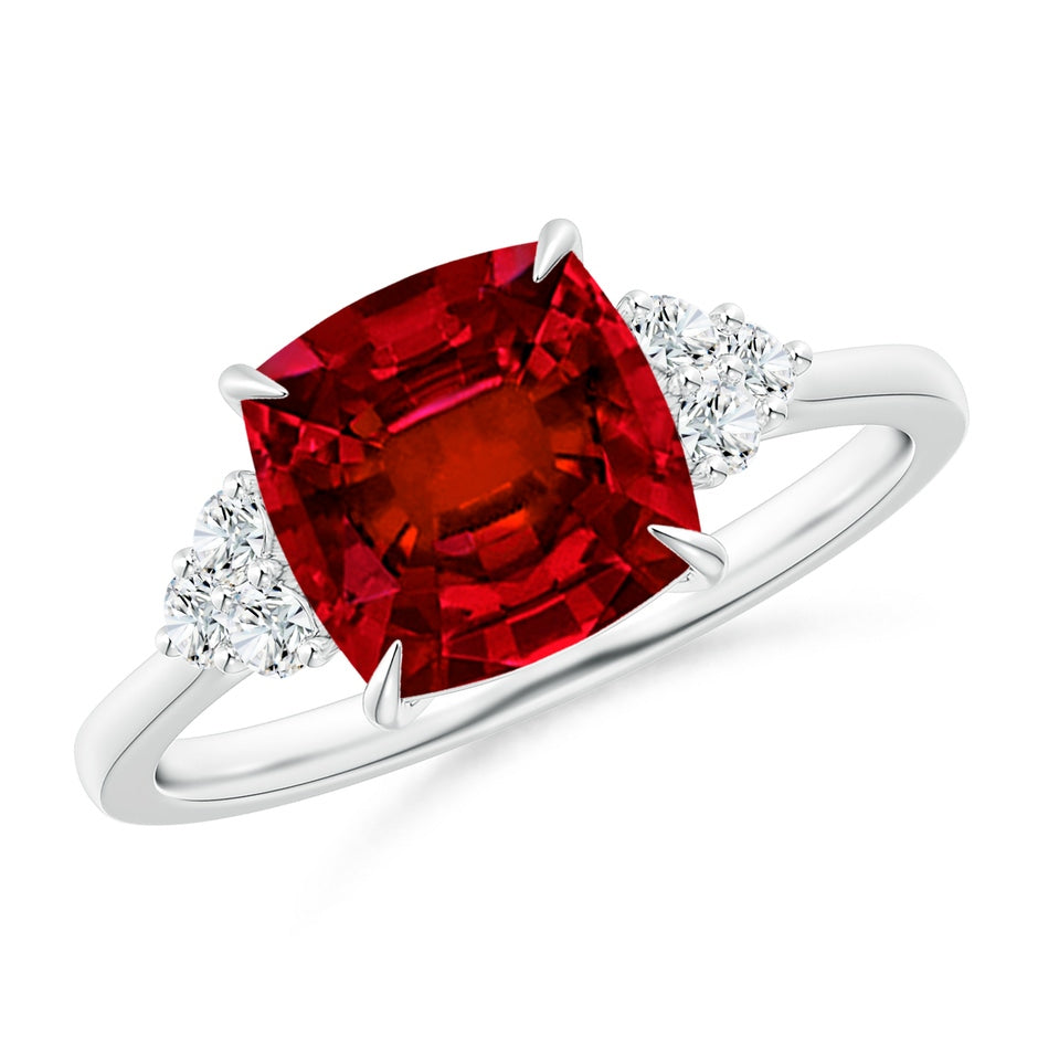 Lab-Grown Cushion Ruby Engagement Ring with Trio Diamonds