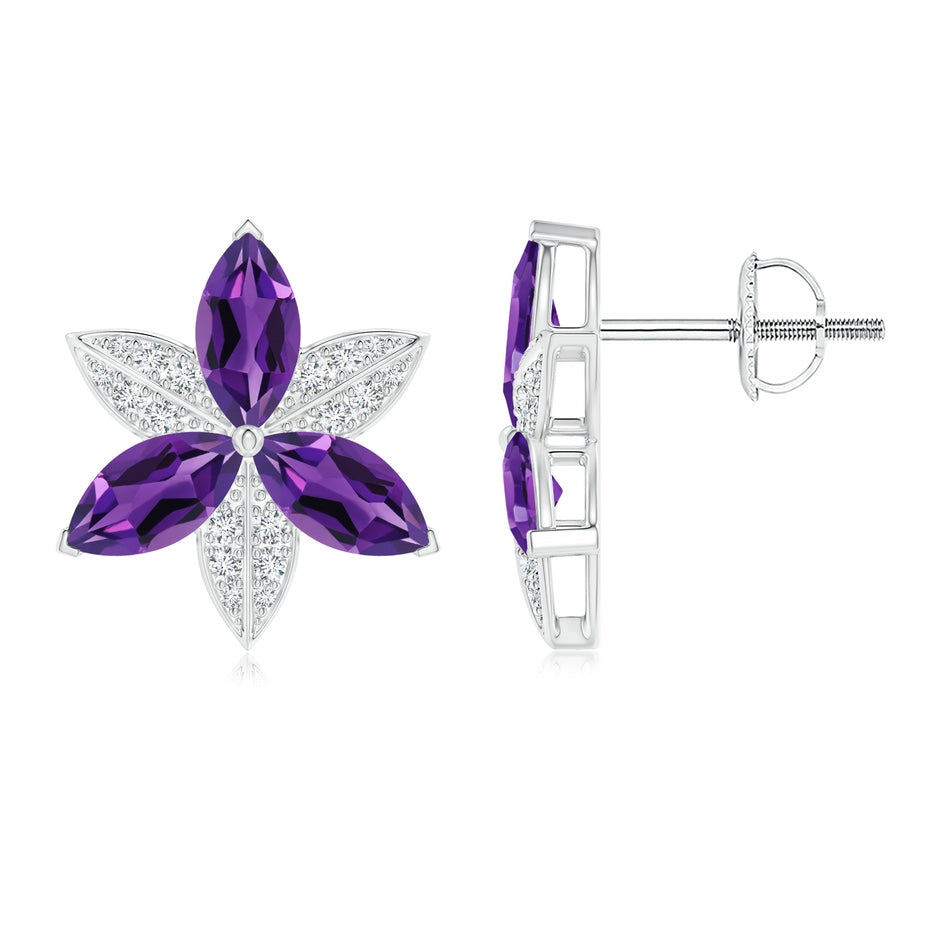 Amethyst and Diamond Trillium Flower Stud Earrings