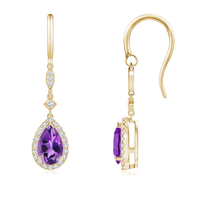 Pear-Shaped Amethyst Drop Earrings with Diamond Halo