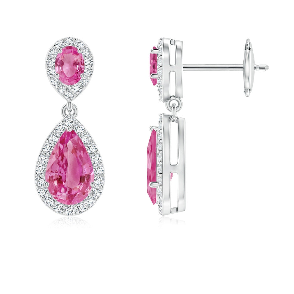 Oval & Pear Pink Sapphire Drop Earrings with Diamond Halo