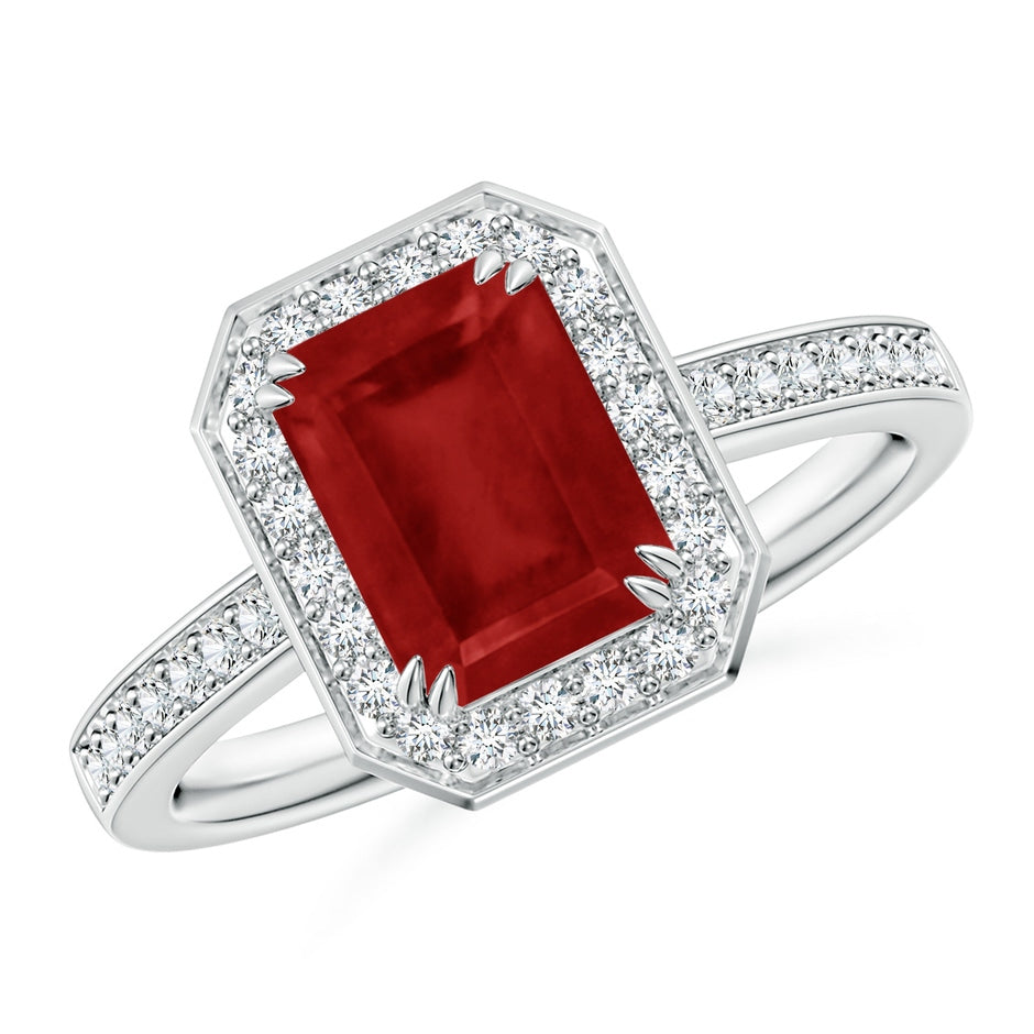 Emerald-Cut Ruby Engagement Ring with Diamond Halo