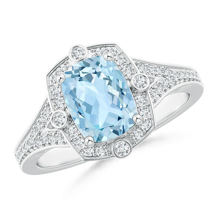 Art Deco Inspired Cushion Aquamarine Ring with Diamond Halo