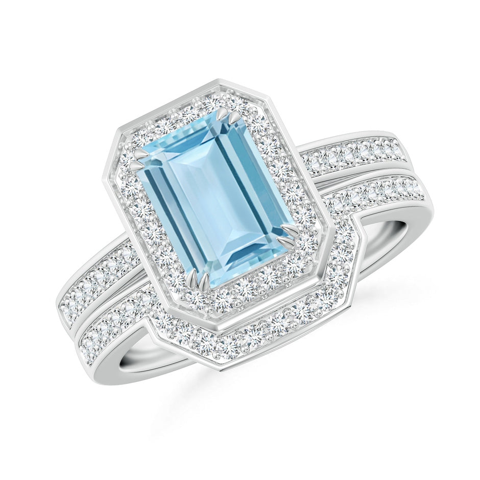 Emerald Cut Aquamarine Bridal Ring Set with Diamond Ring