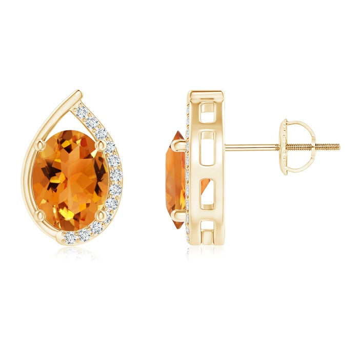 Teardrop Framed Oval Citrine Solitaire Stud Earrings