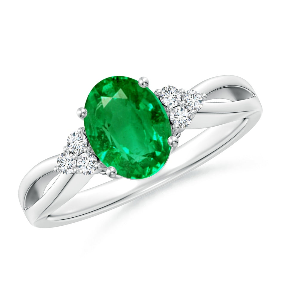 Solitaire Oval Emerald Split Shank Engagement Ring with Trio Diamonds