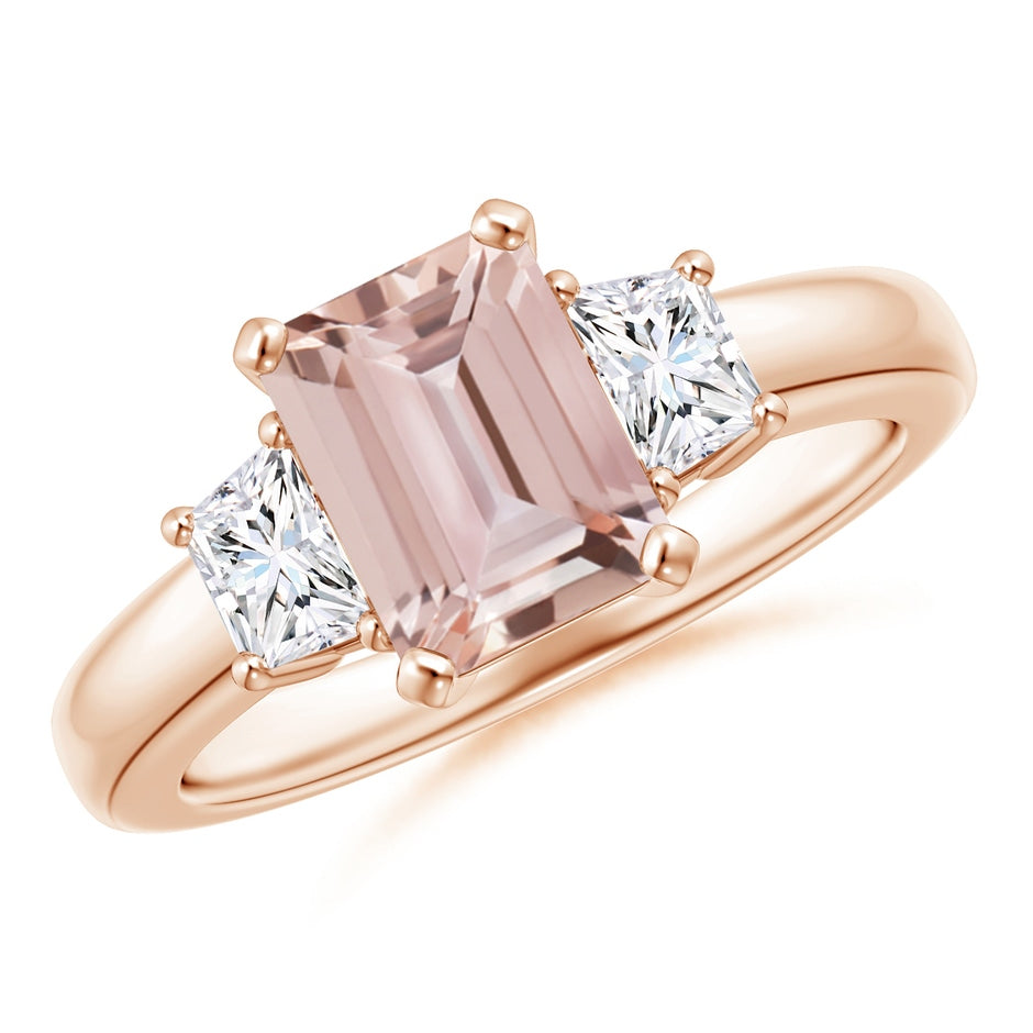 Emerald-Cut Morganite and Trapezoid Diamond Three Stone Ring