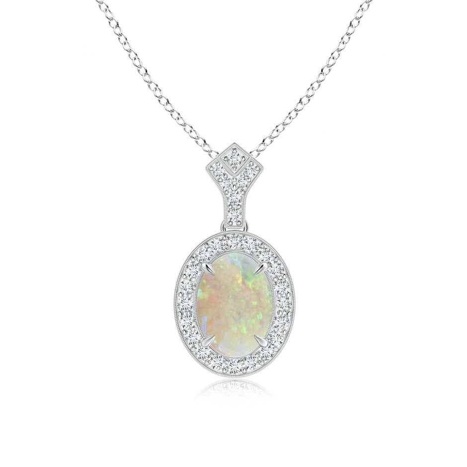 Milgrain-Edged Oval Opal and Diamond Halo Pendant