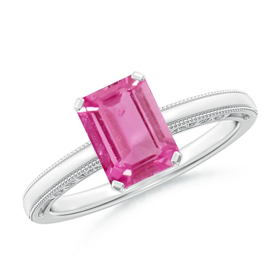 Emerald Cut Pink Sapphire Solitaire Ring with Milgrain