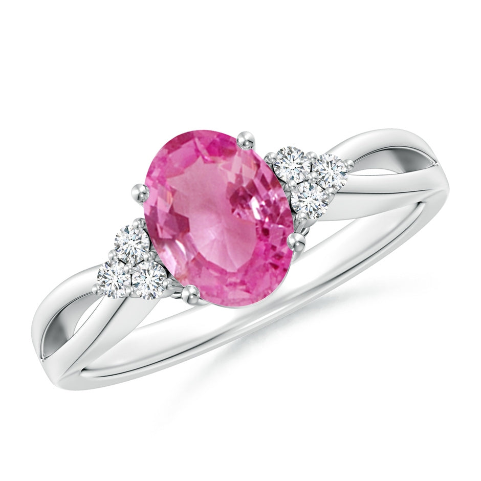 Oval Pink Sapphire Split Shank Ring with Trio Diamonds