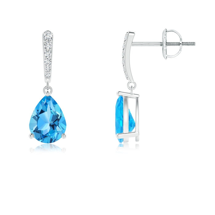 Solitaire Swiss Blue Topaz Drop Earrings with Diamonds