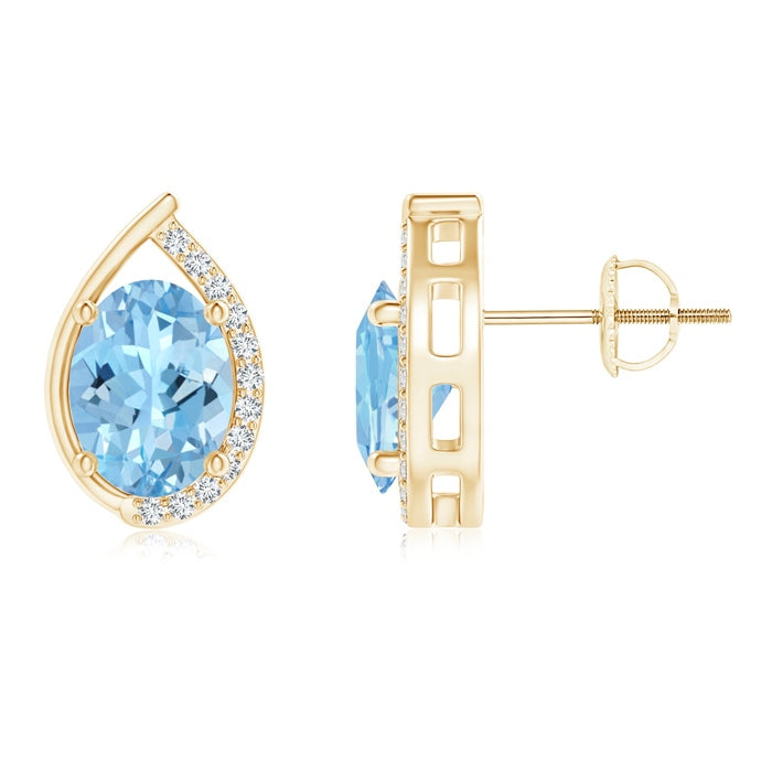 Teardrop Framed Oval Aquamarine Solitaire Stud Earrings