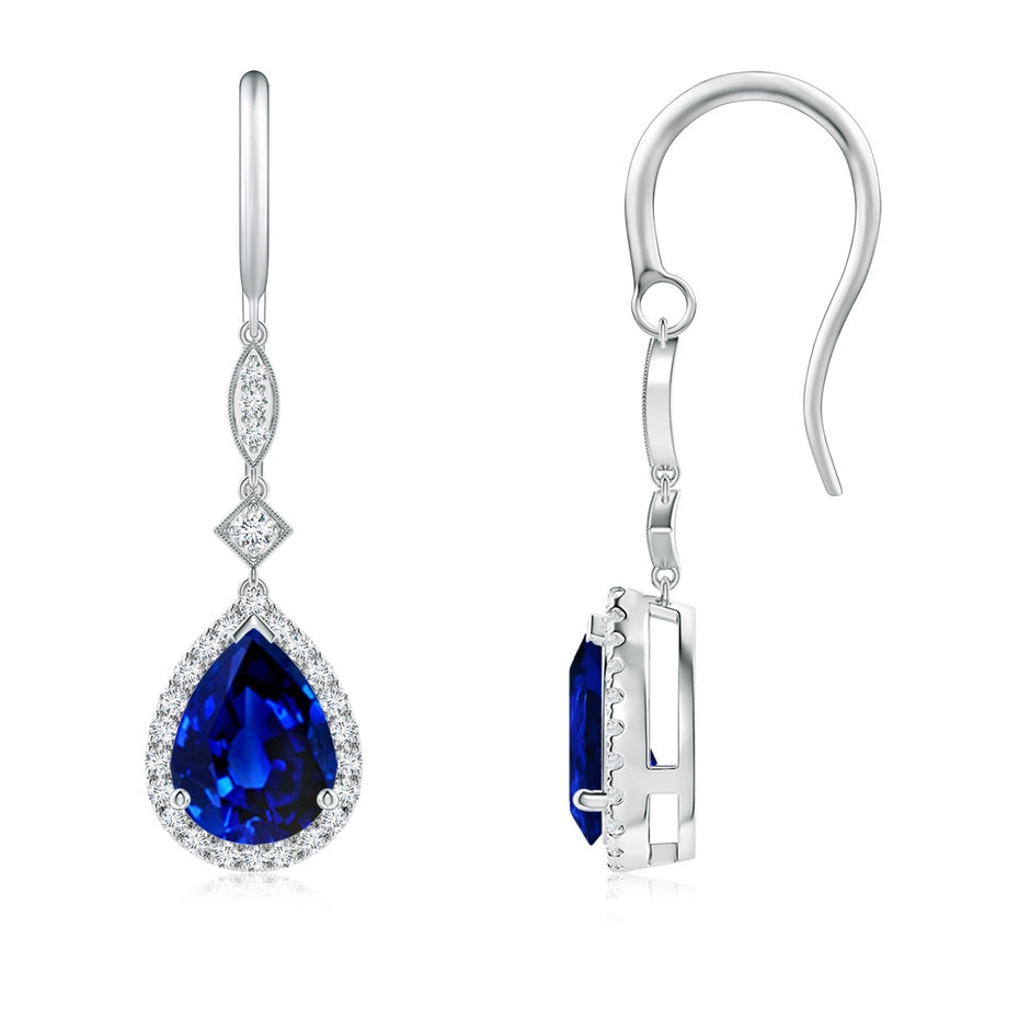 Lab-Grown Pear-Shaped Blue Sapphire Halo Dangle Earrings