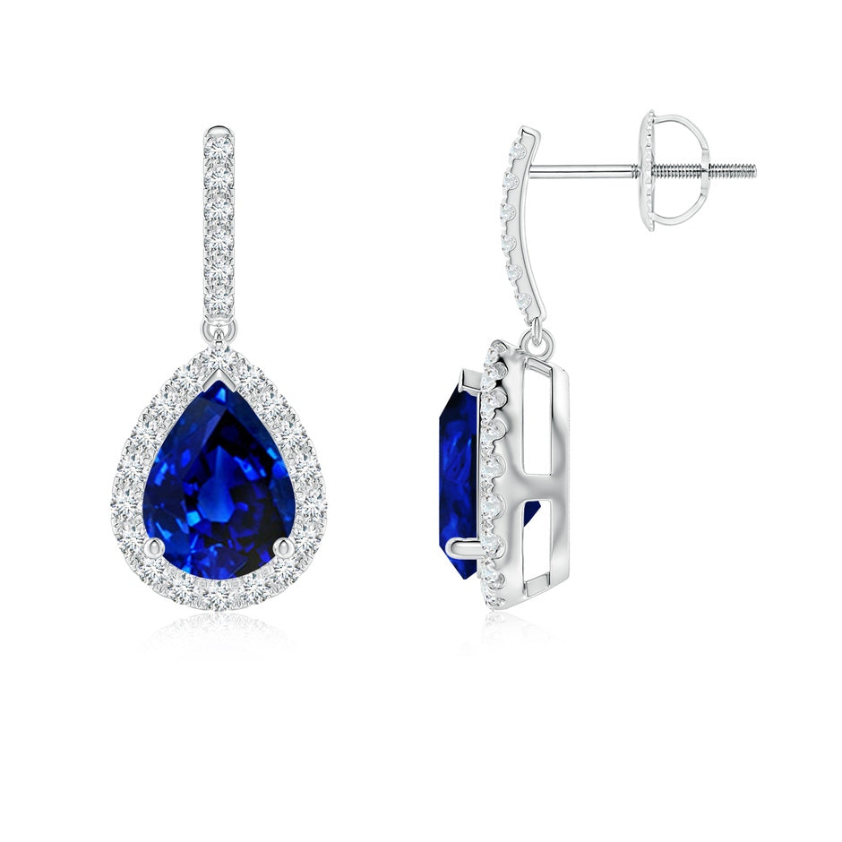 Lab-Grown Pear-Shaped Blue Sapphire Halo Dangle Earrings