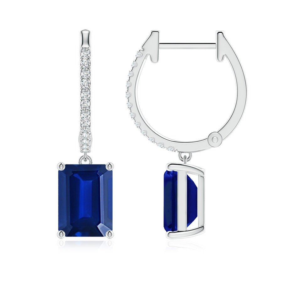 Emerald-Cut Lab-Grown Blue Sapphire Hoop Drop Earrings with Diamonds